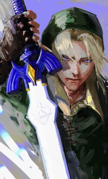1boy absurdres arm_up black_gloves blonde_hair blood blue_eyes collared_shirt fingerless_gloves gloves green_hat green_tunic hat highres holding holding_sword holding_weapon kyezzzz link male_focus master_sword nintendo shirt solo sword the_legend_of_zelda the_legend_of_zelda:_ocarina_of_time tunic weapon