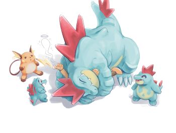 1other bearhug closed_mouth commentary_request croconaw feraligatr gen_1_pokemon gen_2_pokemon giving_up_the_ghost highres hug kumedaira nintendo open_mouth pokemon pokemon_(creature) raichu red_eyes sharp_teeth simple_background teeth thumbs_up totodile trembling white_background