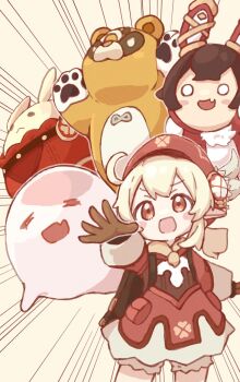 1girl ahoge backpack bag baron_bunny_(genshin_impact) blonde_hair bloomers blush blush_stickers boo_tao_(genshin_impact) brown_bag brown_gloves newsboy_cap clover_print coat commentary_request cowboy_shot dress emphasis_lines genshin_impact ghost gloves guoba_(genshin_impact) hair_between_eyes hat hat_feather highres jumpy_dumpty klee_(genshin_impact) long_hair long_sleeves low_twintails open_mouth outstretched_arm pointy_ears randoseru red_coat red_eyes red_hat red_panda sidelocks simple_background solo standing ta93ura twintails underwear v-shaped_eyebrows white_background white_bloomers white_dress