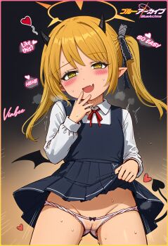 1girl blonde_hair blue_archive blush bow bow_panties demon_horns demon_tail demon_wings english_text fang hair_ribbon halo highres horns ibuki_(blue_archive) loli open_mouth panties pointy_ears ribbon school_uniform solo sweat tail underwear vinbee wings yellow_eyes