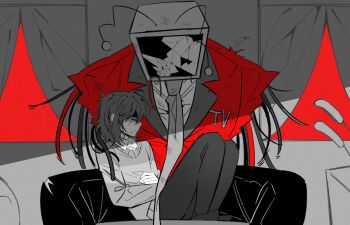 1boy 1other absurdres ant_tenna broken_screen cable clothed_robot collared_shirt crt curtains deltarune highres humanoid_robot jacket kris_(deltarune) mechabare necktie object_head radio_antenna red_eyes red_jacket robot shirt sitting spot_color sweat sweater utdr_(toby_fox) yp_katelove