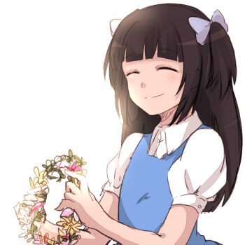 Rule 34 | 1girl, ^ ^, aged down, aya drevis, bad id, bad pixiv id, black hair, blunt bangs, blush, bow, closed eyes, collared shirt, dress, female focus, flower, hair bow, hair ornament, head wreath, hiki-wota, holding, long hair, mad father, open mouth, shirt, sidelocks, smile, solo, sunlight