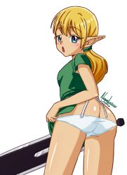 Rule 34 | ass, ass focus, back, blonde hair, blue eyes, blush, curvy, elf, greatsword, green shirt, huge ass, long ears, looking at viewer, looking back, nanaeljustice, no pants, open mouth, original, panties, pointy ears, ponytail, shirt, sword, thighs, underwear, weapon, white background, white panties