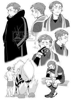 Rule 34 | akhkdask33, animal ears, animal hands, arcanine, black coat, closed mouth, coat, dog, dog paws, dynamax band, from behind, from side, gen 1 pokemon, gloves, grey hair, greyscale, hand in pocket, highres, hunched over, kabu (pokemon), laughing, mane, monochrome, multicolored hair, nintendo, old, old man, open mouth, pokemon, pokemon swsh, reading, serious, shirt, shoes, shorts, sitting, sneakers, soccer uniform, socks, sportswear, streaked hair, tail, tiger stripes, towel, towel around neck, white background, white shirt, white streaks