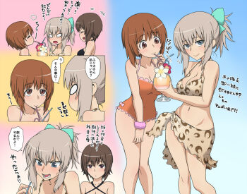 00s 10s 3girls bikini bikini_skirt blush breasts cleavage drinking drinking_straw girls_und_panzer itsumi_erika long_hair multiple_girls navel nishizumi_maho nishizumi_miho shared_drink short_hair smile strap_gap swimsuit translation_request wata_do_chinkuru