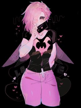 1boy arm_behind_back asymmetrical_hair black_background black_eyeshadow black_shirt commentary cropped_legs english_commentary envelope eyeshadow hair_over_one_eye hand_up heart highres holding holding_envelope makeup male_focus medium_hair one_eye_covered original pants parted_bangs pink_eyes pink_hair pink_pants shirt short_sleeves smile solo usa37107692 wings