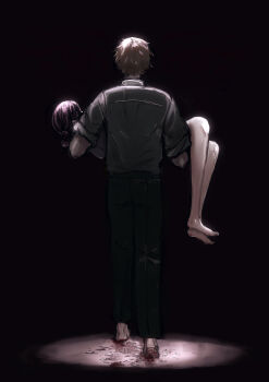 Rule 34 | 1boy, 1girl, barefoot, black background, black pants, blood, blood on feet, blood on ground, carrying, carrying person, chainsaw man, denji (chainsaw man), from behind, glass shards, grey hair, grey shirt, highres, injury, kotorun ahyo, pants, purple hair, reze (chainsaw man), shirt, shirt tucked in, short hair, simple background