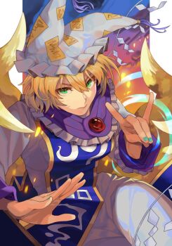 1girl animal_ears animal_hat blonde_hair blue_tabard blush breasts dress fox_ears fox_tail hat highres long_hair long_sleeves mob_cap multiple_girls multiple_tails onionmay short_hair solo tabard tail touhou yakumo_ran yellow_eyes