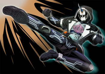 Rule 34 | 1boy, black bodysuit, black eyes, black gloves, black jacket, bodysuit, commentary request, ghost driver, gloves, helmet, hood, hood up, hooded jacket, horns, ibuki sakura (sgw v07), jacket, kamen rider, kamen rider dark ghost, kamen rider ghost: the 100 eyecons and ghost's fateful moment, kamen rider ghost (series), open clothes, open jacket, rider belt, rider kick, single horn, solo, tokusatsu, white helmet