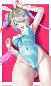 1girl :d animal_ear_hairband animal_ears blonde_hair blue_eyes blue_hair blunt_bangs border bow braid chouzetsusaikawa_tenshi-chan chouzetsusaikawa_tenshi-chan_(playboy_bunny) collar fake_animal_ears from_below hair_bow hairband hands_up highres leotard looking_at_viewer meguru_same multiple_hair_bows navel needy_girl_overdose no_pants official_alternate_costume open_mouth outside_border partially_visible_vulva pink_background pink_hair playboy_bunny rabbit_ear_hairband rabbit_ears revealing_clothes sidelocks smile twin_braids twintails wedgie white_border wrist_cuffs
