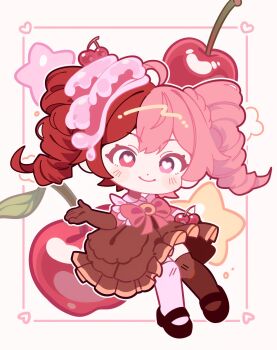 1girl ahoge asymmetrical_legwear black_shoes bow brown_dress brown_gloves brown_thighhighs cherry chibi commentary dress drill_hair english_commentary evil_cactus food fruit gloves heart heart-shaped_pupils heterochromia highres lolita_fashion looking_at_viewer luna_snow luna_snow_(cherry_delight) marvel marvel_rivals mary_janes mismatched_legwear mismatched_thighhighs multicolored_hair official_alternate_costume pink_eyes pink_hair pink_thighhighs red_bow red_hair shoes smile solo split-color_hair star_(symbol) sweet_lolita symbol-shaped_pupils thighhighs twin_drills white_background