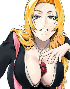 Rule 34 | 1girl, 44kosame44, absurdres, between breasts, black kimono, bleach, blue eyes, breasts, candy, chocolate, chocolate heart, cleavage, food, haori, heart, heart-shaped food, highres, huge breasts, japanese clothes, jewelry, kimono, large breasts, long hair, matsumoto rangiku, mole, mole under mouth, necklace, orange hair, taichou haori, valentine