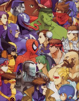 10s 4girls 6+boys 6+girls armor armored_warriors beard bengus blonde_hair blue_hair bodysuit brown_hair bun_cover capcom captain_america captain_commando_(character) chest_hair chun-li colored_skin colossus_(x-men) cyberbots cyclops_(x-men) darkstalkers double_bun earrings facial_hair gambit green_hair green_skin hair_bun head_wings headband helmet high_collar highres hulk jewelry jubilee juggernaut_(x-men) long_tongue looking_at_another marvel marvel_vs._capcom marvel_vs._capcom_1 mega_man_(character) mega_man_(classic) mega_man_(series) mohawk morrigan_aensland multiple_boys multiple_girls mustache official_art open_mouth power_armor psylocke purple_hair roll_(mega_man) ryu_(street_fighter) saotome_jin scarf sharp_teeth shoulder_spikes spider-man spider-man_(series) spikes street_fighter strider_(video_game) strider_hiryuu stubble superhero_costume teeth tongue tongue_out venom_(marvel) visor war_machine wings wolverine_(x-men) x-men zangief