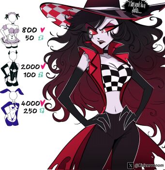 1girl black_hair black_pants black_skin breasts checkered_clothes checkered_shirt colored_sclera colored_skin commentary cropped_jacket english_commentary english_text fang hazbin_hotel hellaverse highres jacket kaizervenom large_breasts leotard long_hair maid multicolored_hair navel pants red_hair red_jacket red_sclera reverse_bunnysuit reverse_outfit roo_(hazbin_hotel) shirt solo speech_bubble teeth two-tone_hair