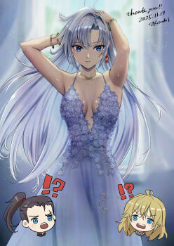 !? 1girl 2boys a_(xenoblade) alternate_costume black_hair blonde_hair blue_dress blue_eyes blurry blurry_background blush bracelet breasts commentary_request commission dated dress earrings grey_hair halterneck highres jewelry large_breasts long_hair matthew_(xenoblade) multiple_boys multiple_bracelets shulk_(xenoblade) single_earring thank_you very_long_hair xenoblade_chronicles_(series) xenoblade_chronicles_3 xenoblade_chronicles_3:_future_redeemed yamamori_kinako