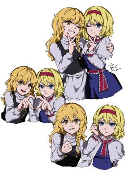 2girls absurdres alice_margatroid apron black_jacket blonde_hair blue_eyes bow capelet commentary_request hair_bow hairband heart heart_hands highres hoshiringo0902 jacket kirisame_marisa multiple_girls red_hairband thumbs_up touhou white_apron white_background white_bow white_capelet yellow_eyes