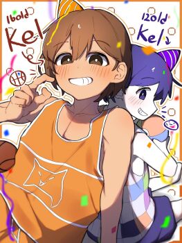 2boys arrow_(symbol) ball basketball_(object) blush bright_pupils brown_eyes brown_hair character_name collarbone colored_skin commentary confetti dark-skinned_male dark_skin dated_commentary double-parted_bangs dual_persona english_commentary grin hair_between_eyes hat hector_(omori) highres holding holding_ball kel_(faraway)_(omori) kel_(headspace)_(omori) kel_(omori) looking_at_viewer male_focus multiple_boys omiriomiri omori open_mouth party_hat purple_eyes purple_hair purple_shorts short_hair shorts sitting smile teeth white_pupils white_skin