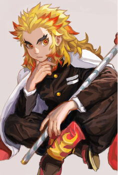 1boy absurdres blonde_hair brown_background closed_mouth commentary_request demon_slayer_uniform flame_print hair_slicked_back head_rest highres katana kimetsu_no_yaiba long_hair male_focus multicolored_eyes multicolored_hair orange_eyes orange_pupils red_eyes red_hair rengoku_kyoujurou revision scabbard sheath sheathed shiren_(ourboy83) signature simple_background sitting solo sword weapon