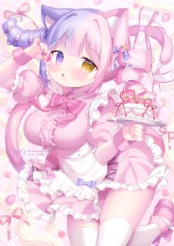 1girl animal_ear_fluff animal_ears apron blush bow bowtie breasts cake cat_ears cat_girl cat_tail commentary_request commission dress drill_hair food frilled_apron frills fruit hair_ribbon hand_up heterochromia highres holding holding_food holding_plate large_breasts looking_at_viewer multicolored_hair open_mouth original pink_bow pink_bowtie pink_dress pink_hair pink_wrist_cuffs plate purple_eyes purple_hair purple_ribbon ribbon signature skeb_commission solo split-color_hair strawberry tail tail_bow tail_ornament thighhighs tsukimi_mumi twitter_username white_apron white_bow white_thighhighs wrist_cuffs yellow_eyes