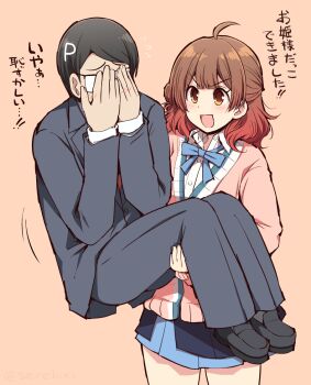 1boy 1girl :d black_pants black_skirt blush brown_hair carrying commentary_request covering_own_eyes formal_clothes gakuen_idolmaster glasses gradient_hair hanami_ume hatsuboshi_gakuen_school_uniform idolmaster multicolored_hair opaque_glasses open_mouth orange_background pants princess_carry producer_(idolmaster) red_hair reverse_princess_carry role_reversal school_uniform serebi_ryousangata simple_background skirt smile suit translation_request yellow_eyes