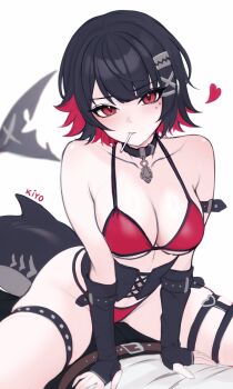 1boy 1girl alternate_costume bare_shoulders bikini black_choker black_gloves black_hair breasts choker cleavage commentary ellen_joe english_commentary fingerless_gloves fins fish_tail frown girl_on_top gloves hair_ornament hairclip halterneck heart hetero highres kiyochii large_breasts looking_at_viewer mole mole_under_eye mouth_hold multicolored_hair red_bikini red_eyes red_hair shark_girl shark_tail short_hair simple_background skindentation solo_focus spread_legs string_bikini swimsuit tail thigh_strap thighs two-tone_hair underbust v-shaped_eyebrows white_background x_hair_ornament zenless_zone_zero