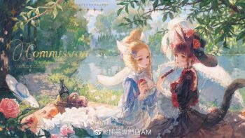 2girls alcohol animal_ears black_dress blonde_hair bottle breasts cat_ears cat_girl cat_tail check_copyright cherry cleavage commentary commission copyright_request cup dress drinking_glass flower food fruit glass grass hat heterochromia highres lace lake maccha_(mochancc) multiple_girls original outdoors oversized_clothes path picnic picnic_basket red_hair road star_(symbol) symbol-only_commentary tail tree umbrella watermark weibo_watermark wine wine_bottle wine_glass