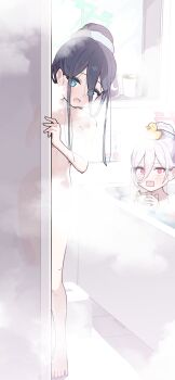 2girls absurdres aris_(blue_archive) black_hair blue_archive blue_eyes commentary_request green_halo hair_between_eyes halo highres kei_(blue_archive) kei_(new_body)_(blue_archive) multiple_girls nude open_mouth pink_halo rectangular_halo rubber_duck same-sex_bathing shared_bathing steam toki_kimagure