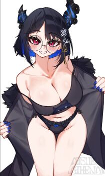 Rule 34 | 1girl, :d, absurdres, asymmetrical horns, auraaa, black camisole, black coat, black hair, black panties, blue hair, blue nails, bob cut, breasts, camisole, coat, colored inner hair, commentary, cowboy shot, double strap slip, flower, flower knot, fortissimo, fur-trimmed coat, fur trim, glasses, grin, hair ornament, highleg, highleg panties, highres, hololive, hololive english, horn flower, horns, lace, lace-trimmed panties, lace trim, large breasts, lingerie, looking at viewer, mole, mole on thigh, mole under eye, multicolored hair, musical note, musical note hair ornament, nail polish, nerissa ravencroft, no pants, off shoulder, open mouth, panties, purple eyes, round eyewear, short hair, side-tie panties, simple background, slit pupils, smile, solo, strap slip, tassel, tassel hair ornament, thigh gap, underwear, uneven horns, virtual youtuber, white background