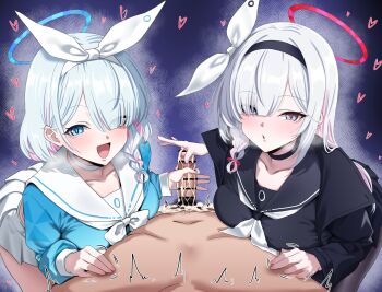 1boy 2girls absurdres alternate_breast_size_(larger) arona_(blue_archive) assertive_female bar_censor blue_archive blue_eyes blue_hair blush braid breasts breath censored clothed_female_nude_male colored_inner_hair cooperative_handjob cum erection ffm_threesome glansjob grey_hair group_sex hair_over_one_eye halo handjob heart hetero highres long_hair long_sleeves looking_at_viewer male_pubic_hair multicolored_hair multiple_girls nude open_mouth penis pink_hair plana_(blue_archive) pov pubic_hair sailor_collar school_uniform serafuku single_braid smile speech_bubble teamwork_(sexual) threesome two-tone_hair variant_set white_sailor_collar woo_(woosan)