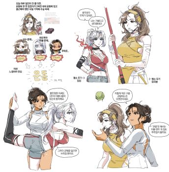 3girls absurdres arm_warmers athletic_leotard ball bare_shoulders black_hair black_leggings breasts brown_hair chibi chibi_inset cowboy_shot dark-skinned_female dark_skin dikke_(reverse:1999) dikke_(the_pointy_end_up)_(reverse:1999) dolphin_shorts dress elbow_pads facial_mark forehead_mark grey_shorts gyeol_124 hairband hand_on_own_hip headgear highres holding_javelin javelin_(spear) kaalaa_baunaa korean_text large_breasts leggings leotard long_hair midriff multiple_girls multiple_views navel official_alternate_costume ponytail red_tank_top reverse:1999 shorts single_arm_warmer single_detached_legging single_elbow_pad speech_bubble sportswear tank_top tennis_ball tennis_dress tennis_uniform tooth_fairy_(ace_through_the_bagel)_(reverse:1999) tooth_fairy_(reverse:1999) translation_request upper_body white_arm_warmers white_background white_hair white_leotard yellow_dress yellow_hairband