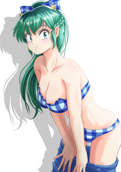 1girl absurdres bikini blue_bikini blue_bow blue_bowtie bow bowtie braid breasts cleavage collarbone commentary_request cone_horns gingham_bikini green_eyes green_hair hair_bow half_up_braid highres horns lum medium_breasts pointy_ears smile solo strapless strapless_bikini swimsuit takinomori_momiji undressing urusei_yatsura