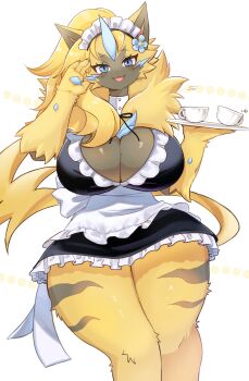 1girl 2024 animal_ears apron artist_name black_dress black_fur blonde_hair blue_eyes blue_hair bow breasts claws cleavage commentary commission curvy dress english_commentary fangs fangs_out female_focus frilled_dress frills furry furry_female gen_7_pokemon hand_up head_tilt highres holding holding_plate humanization large_breasts legendary_pokemon legs_together looking_at_viewer maid_apron maid_headdress multicolored_hair mythical_pokemon nintendo plate pokemon saaa simple_background slit_pupils snout solo standing streaked_hair thick_thighs thighs two-tone_fur white_background white_bow wide_hips wolf_ears wolf_girl yellow_fur zeraora