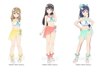 3d 3girls adjusting_hair alternate_costume anklet aqua_eyes arms_behind_back bare_arms bare_shoulders beads bikini black_hair blue_hair bow breasts brooch brown_hair collarbone criss-cross_halter earrings full_body genjitsu_no_yohane green_sarong hair_between_eyes hair_bow hair_ornament halterneck hands_on_own_hips highres jewelry kunikida_hanamaru kurosawa_dia legs long_hair looking_at_viewer love_live! love_live!_sunshine!! low-tied_sidelocks matsuura_kanan midriff mole mole_under_mouth multiple_girls navel official_art platform_footwear platform_sandals ponytail purple_eyes red_sarong sample_watermark sandals sarong see-through_clothes see-through_sarong sidelocks smile standing starfish_hair_ornament swimsuit thighs watermark white_bikini white_footwear yellow_eyes yellow_sarong