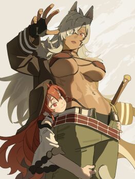 2girls animal_ears breasts cat_ears choker dark-skinned_female dark_skin eris_greyrat eyepatch facial_scar ghislaine_dedoldia green_pants grey_hair highleg highleg_panties highres hug hug_from_behind jacket large_breasts long_hair multiple_girls mushoku_tensei open_clothes open_jacket panties pants red_choker red_eyes red_hair scar scar_on_cheek scar_on_face scar_on_stomach tail tokita_(mag0) underwear