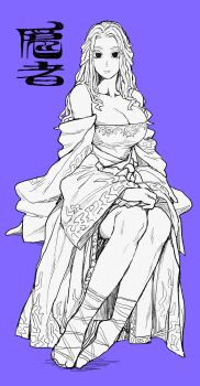 1girl bare_shoulders braid breasts character_name cleavage colored_eyelashes commentary elden_ring elden_ring_nightreign full_body gladiator_sandals greyscale_with_colored_background hachinos_ssb half_updo hands_on_lap highres large_breasts lineart long_hair looking_at_viewer no_headwear purple_background recluse_(elden_ring) sandals sitting solid_circle_eyes solo symbol-only_commentary wide_sleeves witch