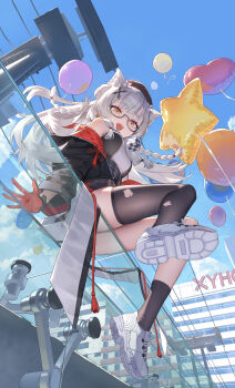 1girl absurdres animal_ear_fluff animal_ears arm_support balloon bare_shoulders black-framed_eyewear black_gloves black_hat black_jacket black_shirt black_socks black_thighhighs blue_sky braid breasts building cloud commentary_request cube_hair_ornament day floating_hair flower from_below glasses gloves gold_trim hair_flower hair_ornament hat heart_balloon highres jacket kneehighs legs long_hair long_sleeves looking_at_viewer looking_down medium_breasts open_mouth original outdoors power_lines semi-rimless_eyewear shirt shoe_soles shoes single_kneehigh single_sock single_thighhigh sitting sky sleeveless smile sneakers socks solo star_balloon teeth thighhighs thighs torn_clothes torn_thighhighs twin_braids two-sided_fabric two-sided_gloves two-sided_jacket under-rim_eyewear upper_teeth_only utility_pole very_long_hair white_hair white_shoes x_hair_ornament xzu yellow_eyes
