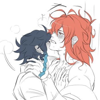 2boys adam&#039;s_apple alternate_hairstyle bare_shoulders bite_mark bite_marks blue_hair blush braid bruise collarbone diluc_(genshin_impact) closed_eyes genshin_impact hair_down hickey highres injury kiss licking light_blue_hair looking_at_another male_focus multicolored_hair multiple_boys kissing_neck red_eyes red_hair ruffishpng two-tone_hair undressing undressing_another venti_(genshin_impact) white_background yaoi