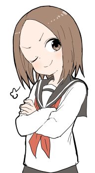 Rule 34 | 1girl, ;), absurdres, black sailor collar, black skirt, blush, brown eyes, brown hair, closed mouth, commentary request, crossed arms, female focus, forehead, head tilt, highres, karakai jouzu (?) no nishikata-san, karakai jouzu no (moto) takagi-san, karakai jouzu no takagi-san, long sleeves, neckerchief, nishikata chii, official art, one eye closed, parted bangs, red neckerchief, sailor collar, school uniform, serafuku, shirt, short hair, simple background, skirt, smile, solo, v-shaped eyebrows, white background, white shirt, yamamoto souichirou