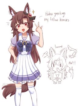 Rule 34 | 1girl, animal ears, blush stickers, brooch, brown hair, commentary, disguise, dress, english commentary, eyes visible through hair, fang, frills, highres, imaizumi kagerou, jewelry, long hair, looking at viewer, monster girl, motion blur, motion lines, open mouth, pleated skirt, puffy sleeves, purple shirt, red eyes, school uniform, shirt, short sleeves, simple background, skirt, smile, sweatdrop, tail, thighhighs, touhou, tracen school uniform, umamusume, w, white background, white thighhighs, wolf ears, wolf girl, wolf tail, wool (miwol)