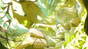 Rule 34 | 1other, absurdres, animal, bare shoulders, blue eyes, bug, butterfly, commentary, commentary request, deer, english commentary, feet out of frame, field, flower, flower field, green butterfly, highres, insect, long hair, looking at animal, lying, mixed-language commentary, okinairis, on back, original, outdoors, parted lips, partially submerged, thai commentary, white hair, yellow theme