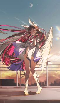 Rule 34 | 1girl, absurdres, barefoot, black hair, blush, cloak, closed eyes, colored inner hair, columbina (genshin impact), commentary, coomlee, crescent moon, dress, feathered wings, full body, genshin impact, head wings, highres, long hair, moon, multicolored hair, open mouth, pink hair, short dress, sky, skyline, solo, standing, two-tone hair, very long hair, white cloak, white dress, white wings, wings