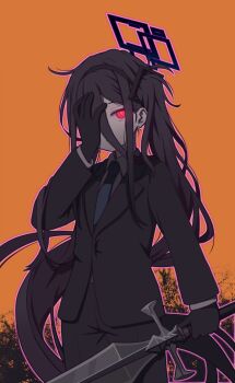 Rule 34 | 1girl, alternate costume, aris (blue archive), black gloves, black hair, black hairband, black halo, black pants, black suit, blue archive, blue necktie, collared shirt, commentary, cosplay, dark halo, english commentary, formal clothes, gloves, glowing, glowing eyes, hair between eyes, hairband, halo, hand on own face, highres, holding, holding sword, holding weapon, kei (blue archive), lapels, layered sleeves, library of ruina, long bangs, long hair, long sidelocks, long sleeves, looking at viewer, necktie, notched lapels, orange background, pants, project moon, red eyes, roland (project moon), roland (project moon) (cosplay), senketsu05, shirt, side ponytail, sidelocks, solo, standing, suit, sword, weapon, white shirt