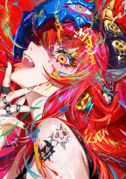 1girl absurdres black_nails black_shirt commentary_request fangs highres indie_virtual_youtuber long_hair looking_at_viewer momoyama_tits nail_polish open_mouth piercing red_hair shirt skull_tattoo solo tattoo tongue tongue_out tongue_piercing very_long_hair virtual_youtuber yellow_eyes zentreya zentreya_(dragon)