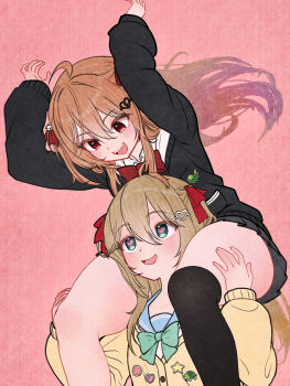 Rule 34 | 2girls, absurdres, arms up, badge, black cardigan, black skirt, black thighhighs, blue bow, blue bowtie, blue eyes, blue sailor collar, bow, bowtie, broken heart, broken heart hair ornament, brown hair, button badge, cardigan, carrying, carrying over shoulder, commentary, commission, condotakeshi, english commentary, evil neuro-sama, from side, hair between eyes, hair ornament, hair ribbon, heart, heart-shaped pupils, heart hair ornament, highres, long hair, long sleeves, multiple girls, neuro-sama, open mouth, pleated skirt, red bow, red bowtie, red eyes, red ribbon, ribbon, sailor collar, second-party source, shoulder carry, siblings, single thighhigh, sisters, skirt, symbol-shaped pupils, thick thighs, thighhighs, thighs, twins, two side up, vedal ai, yellow cardigan