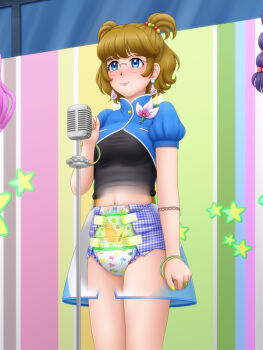 1girl arm_at_side black_shirt blue_eyes blue_shirt blue_skirt blush bracelet brown_hair clenched_hand cowboy_shot diaper diaper_under_clothes earrings female_focus food_print from_below fruit_print gingham glasses god_hand_mar hair_ornament hair_scrunchie hand_up ichinose_minori jewelry lapel_pin microphone nail_polish navel papaya_print precure print_diaper puffy_sleeves rimless_eyewear scrunchie see-through_clothes see-through_skirt shirt skirt smile solo standing star_(symbol) tropical-rouge!_precure two-tone_shirt two-tone_skirt white_skirt yellow_nails