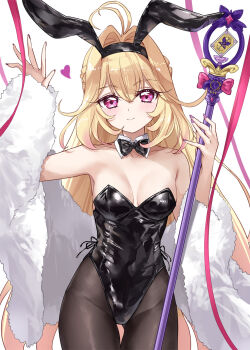 1girl ahoge animal_ears antenna_hair asle black_bow black_bowtie black_pantyhose blonde_hair bow bowtie coat collar commentary_request cure_arcana_shadow fake_animal_ears fur_coat hair_between_eyes heart highres holding holding_staff magical_girl meitantei_precure! moria_luluka pantyhose pink_eyes playboy_bunny precure rabbit_ears solo staff standing white_background