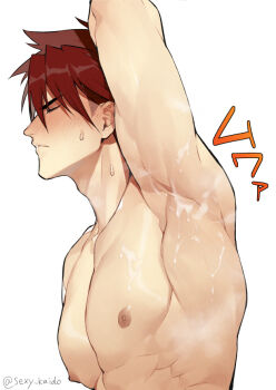 1boy after_armpit_sex arm_up armpits blush closed_eyes closed_mouth collarbone cum cum_on_armpits cum_on_body cum_on_male cum_on_pectorals kaidou_j1 male_focus nipples ookanehira_(touken_ranbu) pectorals red_hair short_hair simple_background solo sweat toned toned_male touken_ranbu translation_request twitter_username white_background yaoi