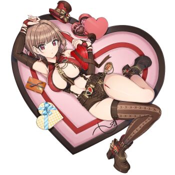 Rule 34 | 1girl, arm up, armpits, between breasts, boots, box, breasts, brown hair, brown necktie, brown shorts, brown thighhighs, candy, chocolate, chocolate heart, closed mouth, detached sleeves, dolphin wave, dot mouth, food, full body, game cg, gift, gift box, hat, heart, heart-shaped box, heart-shaped food, high heel boots, high heels, highres, kamie tsugumi, large breasts, looking at viewer, lying, medium hair, mini hat, mini top hat, navel, necktie, necktie between breasts, non-web source, official art, on back, ootomo takuji, open clothes, open vest, red eyes, red vest, self-datamine, shorts, simple background, single thighhigh, solo, suspenders, thighhighs, top hat, transparent background, unworn headwear, valentine, vest