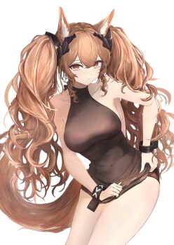 1girl :/ absurdres alternate_costume angelina_(arknights) animal_ear_fluff animal_ears arknights arknights:_endfield armpits bare_shoulders black_dress bracelet breasts brown_hair collarbone covered_navel diamond-shaped_pupils diamond_(shape) dot_nose double-parted_bangs dress fox_ears fox_girl fox_tail gilberta_(arknights) hair_between_eyes headgear highres impossible_clothes impossible_dress infection_monitor_(arknights) jewelry large_breasts long_hair looking_at_viewer mariko_y7 orange_eyes resized shirt sidelocks simple_background sleeveless sleeveless_shirt solo symbol-shaped_pupils tail twintails upscaled white_background