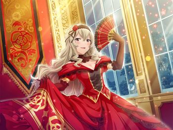 1girl black_gloves breasts cleavage dress elbow_gloves folding_fan game_cg gloves grey_hair hair_between_eyes hand_fan headpiece holding holding_fan indoors long_hair looking_at_viewer medium_breasts official_art open_mouth purple_eyes red_dress saijou_claudine shoujo_kageki_revue_starlight shoujo_kageki_revue_starlight_-re_live- skirt_hold solo standing upper_body wavy_hair window